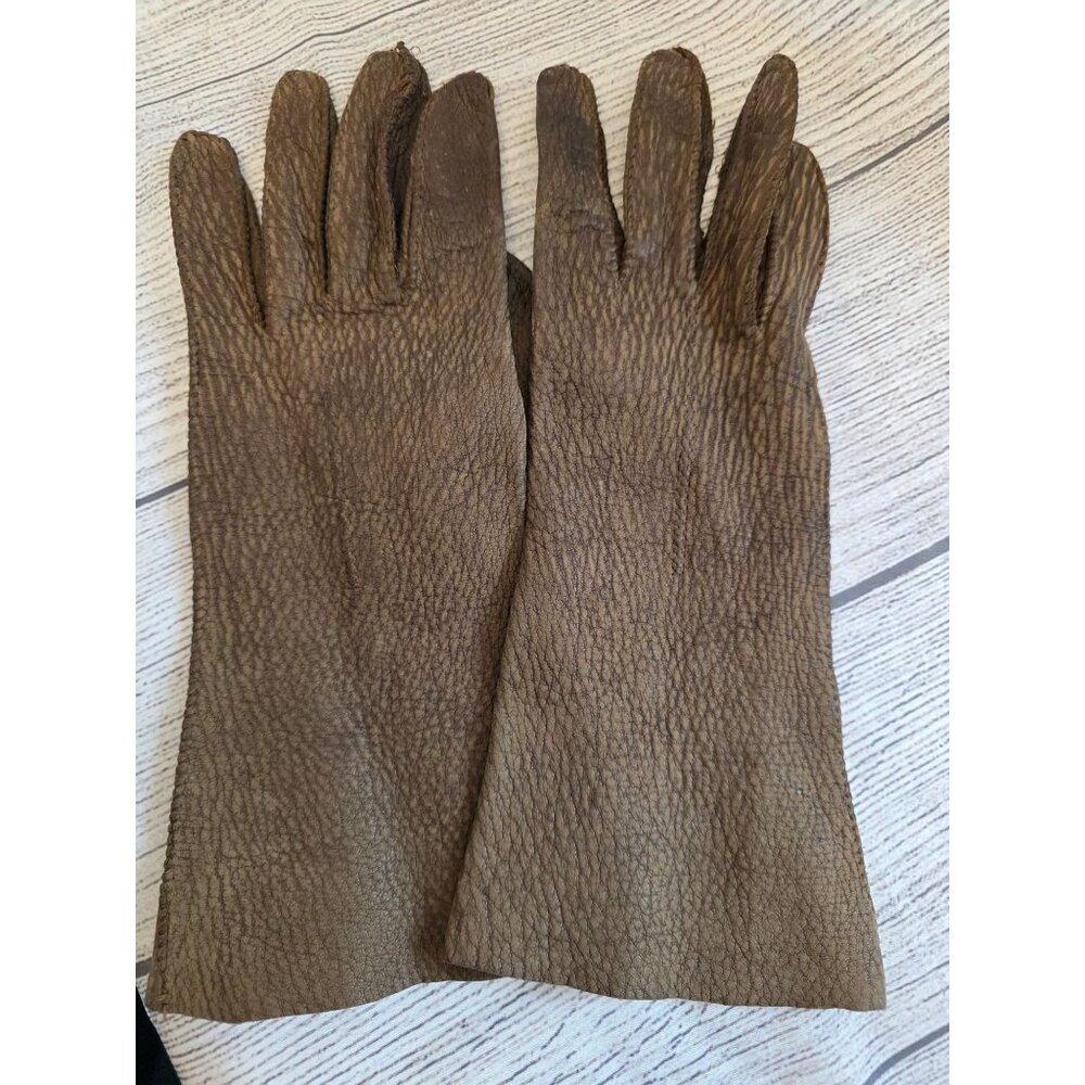 Vintage Brown Leather Gloves Textured Full Finger Outdoor Wear